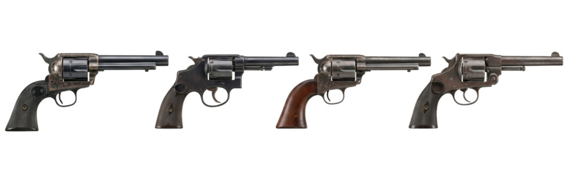 Four dark antique metallic revolvers arranged horizontally isolated on transparent background.