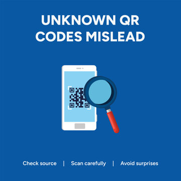 Cybersecurity awareness vector illustration, unknown QR codes mislead warning, smartphone security scan with magnifying glass, digital fraud prevention