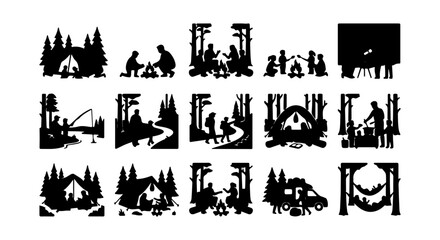 Obraz premium Camping Silhouettes, Outdoor Adventure Scenes, Family Recreation Vector Icons, Nature Camp Elements