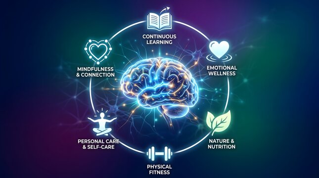 Glowing human brain surrounded by holistic health and wellness icons
