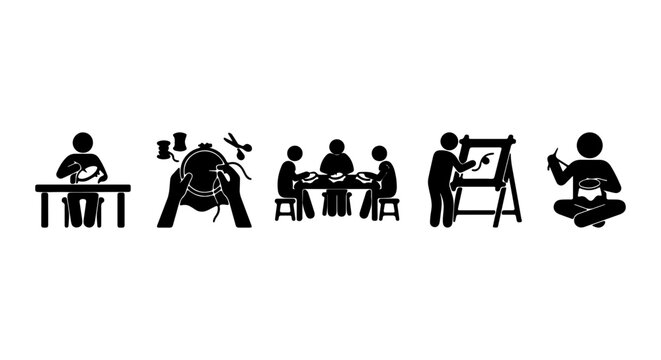 Crafting and Hobbies Icons: Sewing, Painting, Group Activity, Meditation, Vector Set