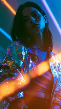 Luminous portrait of a woman in a shiny jacket under colorful lights