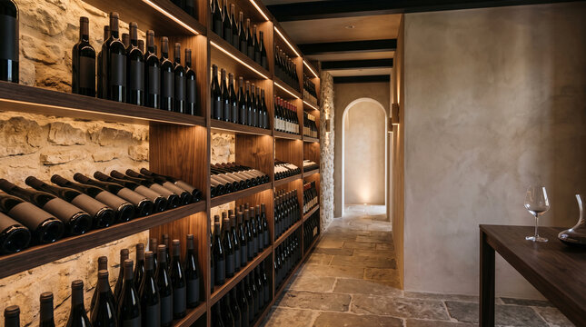 Wine cellar with stone walls and wooden shelves stocked with bottles