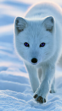 Arctic Fox in White Winter Coat on Snowy Tundra with Blue Hour Lighting and Sharp Focus on Eyes