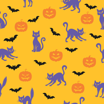 Halloween Black Cat, Bat and Pumpkin Seamless Pattern Background, Cute Spooky Flat Vector Illustration