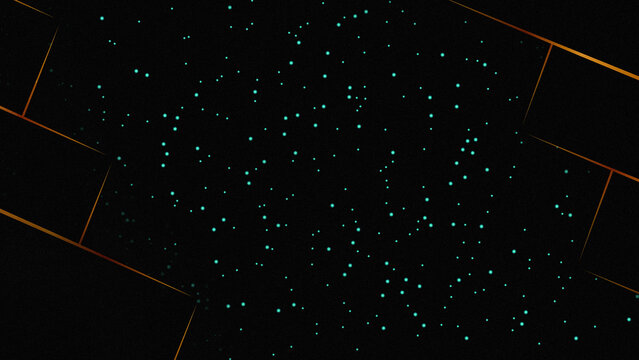Dark starry background with glowing cyan dots and gold geometric borders