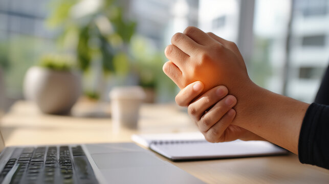 Person holding painful wrist while working on a laptop at a desk. Repetitive strain injury, carpal tunnel syndrome and office ergonomics concept.
