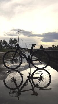 Bicycle Reflection in Puddle After Rain