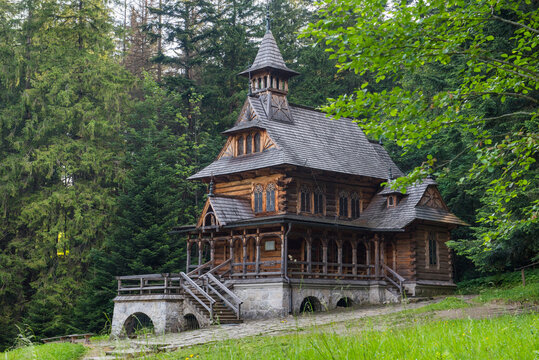 Chapel of the Sacred Heart of Jesus stands among trees in Jaszczurowka district of Zakopane in Poland
