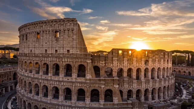 Beautiful video of the famous roman colosseum amphitheater under the breathtaking sky at sunrise
