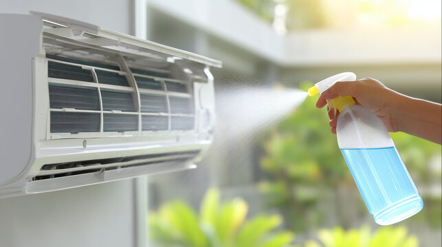 Hand spraying cleaning solution onto the evaporator of a wall-mounted air conditioner during routine maintenance. HVAC cleaning and home appliance sanitation concept.