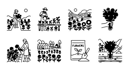 Fototapeta premium Gardening Icons Set, Floral Farming Vector Graphics, Flower Harvest Illustrations, Organic Agriculture Line Art