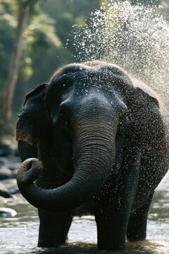 Asian Elephant Spraying Water with Trunk in Jungle River with Droplets Catching Light