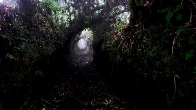 Dark Cloud Forest Trail Tunnel in Ecuador with Dense Mossy Vegetation, Misty Light, Jungle Path and Remote Andean Amazon Wilderness