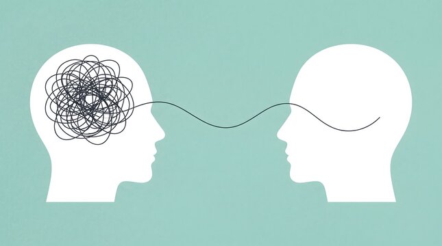Communication concept transferring messy thoughts between two minds