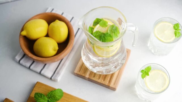 Pitcher of water with lemon slices and mint surrounded by lemons and glasses