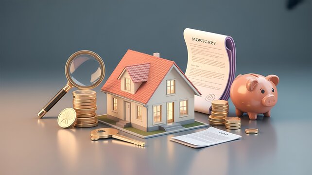 House model property real estate investment buy loan mortgage insurance contract house coin money finance savings house key concept 3d rendering.