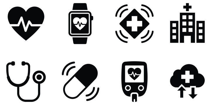Healthcare IoT icons featuring heart monitor, smartwatch, medical devices, connected health technology, and digital healthcare symbols.