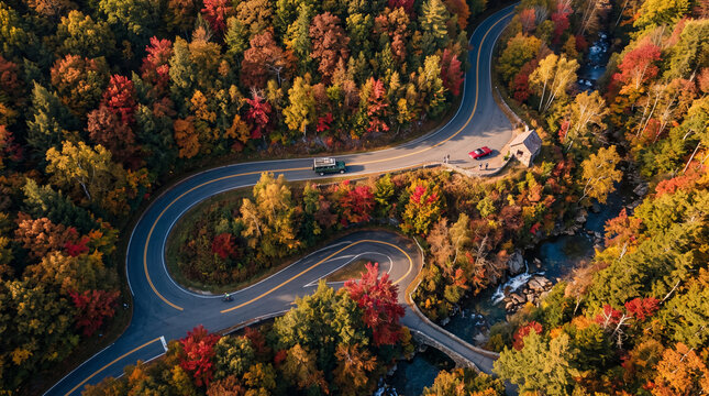 Top down view of winding road wrapping around cozy chalet cabin in autumn. Scenic serpentine S curve asphalt highway with car through colorful fall forest valley, road trip background
