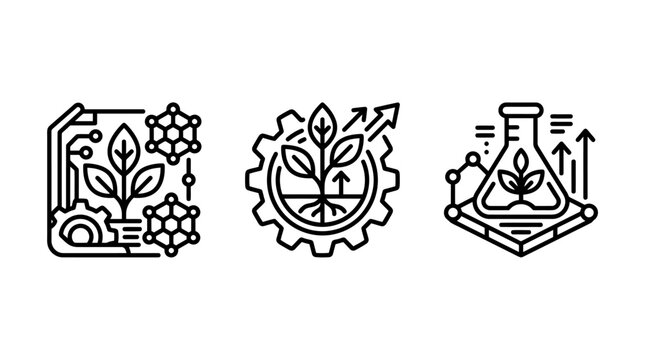 Plant biotechnology and genetic engineering icon collection with biotechnology genetics engineering chemistry innovation research agriculture molecule technology development industrial