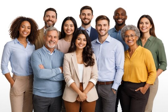Diverse business team posing together on white background