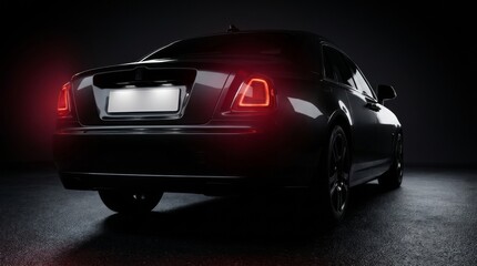Naklejka premium Luxury black sedan with glowing red taillights at night. High-end car showcasing sleek rear design and premium automotive lighting.