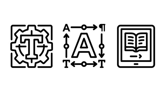 Typography and text formatting icons for book digital publishing workflow and layout systems with typography formatting publishing workflow alphabet software interface development planning