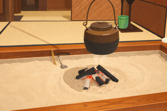 Flat Design Illustration of a Traditional Japanese Irori Hearth