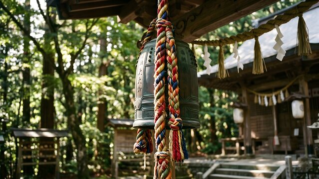 Traditional Japanese Shrine Bell Rope and Suzu Bell in Summer Forest