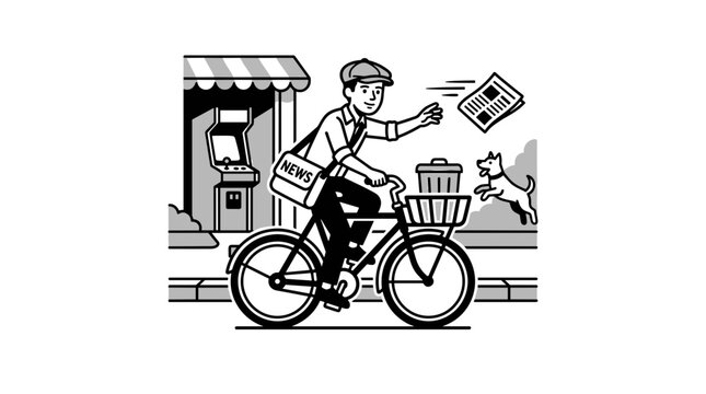 Newspaper Delivery Man Riding Bicycle Throwing Paper to Dog.