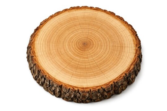 Round wooden tree slice with bark on white background.