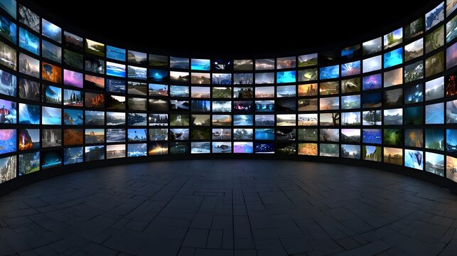 A curved wall of multiple screens displaying diverse digital landscapes and scenes in a dark modern exhibition space
