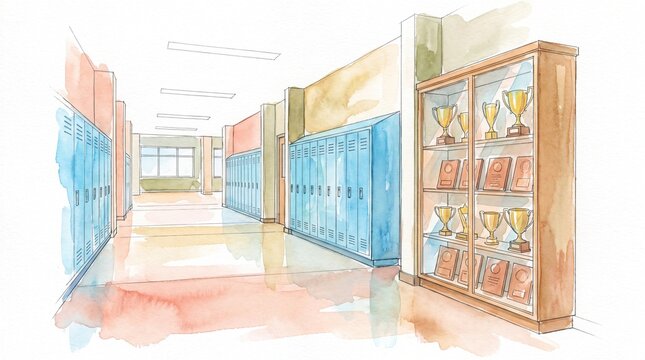 Watercolor school hallway illustration, vibrant educational corridor with blue lockers, trophy display case, and bright windows, ideal for academic and learning-themed designs.