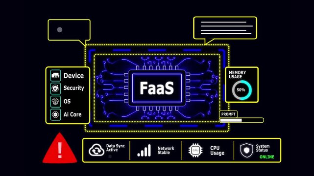 Cloud Computing Function as a Service Faa S Warning Alert Digital Circuit Globe FaaS technology with Cyber Security Dashboard Animation 4K.