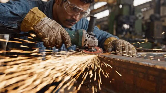 Ultra realistic cinematic industrial workshop video featuring skilled worker using a handheld angle grinder to cut structural steel Bright fiery sparks realistic slow motion glowing abrasive disc auth