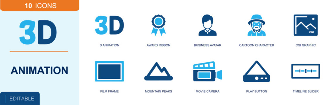 3D animation icon set. Containing 3D text, award ribbon, avatar, cartoon character, CGI graphic, film frame, movie camera, play button, timeline slider and more. Solid fill vector icons.