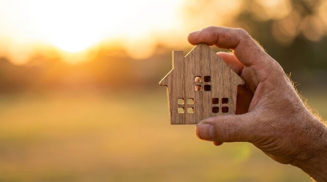 Elderly hand holding small wooden house icon against sunset background, representing home ownership and retirement goals