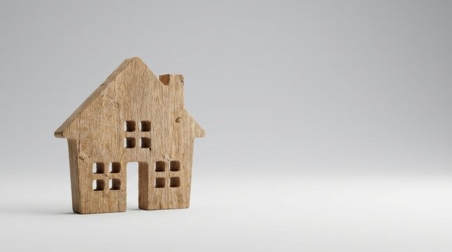 Rustic wooden house model with carved windows on a clean neutral background.
