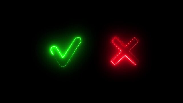 tick or check mark and cross mark signs neon icon animation. right and wrong animated neon icons, False and true. accept and reject. neon right and wrong icon animation with black background 4k video.