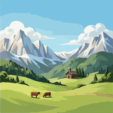 Beautiful alpine valley illustration with mountains and grazing cows. Scenic mountain valley digital art with green meadows and clouds. 