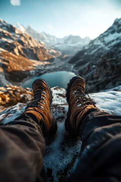 Exhausted Trekker Resting at High-Altitude Glacial Lake with Coffee and Granite Spires in Golden Hour