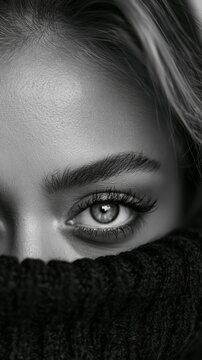 Close-up black and white portrait of a woman's eye and eyebrow peeking over a sweater