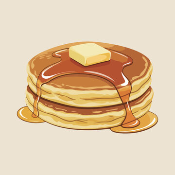 Stack of sweet pancakes with dripping syrup and butter. Fluffy pancakes with maple syrup and butter illustration. Delicious breakfast pancakes with butter and honey vector. 