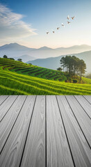 Naklejka premium Verdant rice terraces ascend hills with misty mountains beyond, graced by flying doves. A wooden foreground offers a natural showcase, symbolizing harmony and peace.