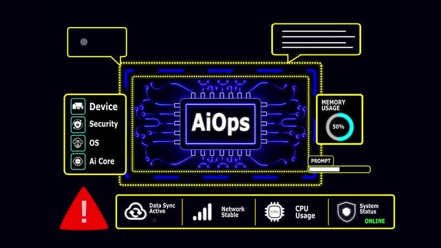 Digital Circuit Board With AI Ops Chip And Warning Symbol On Black Background artificial intelligence with Cyber Security Dashboard Animation 4K.