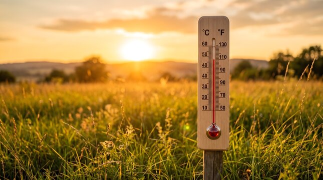 Thermometer in tall grass at sunset indicates high temperature, symbolizing heatwave and climate change