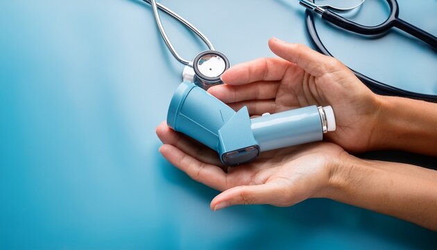 spirometer medical device and hands with mouthpiece for lung health asthma check and breathing test doctor respiratory and diagnostic tool with stethoscope for healthcare clinic and wellness