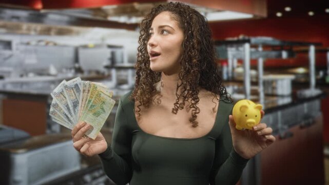 Woman with curly hair fans peruvian soles banknotes with one hand and holds a yellow piggy bank in a restaurant kitchen building; financial confidence.