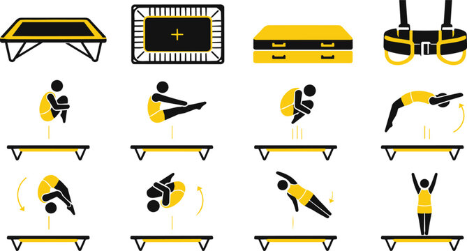 Trampoline Gymnastics Exercise Pictograms, Acrobatic Movements, Black Yellow Design