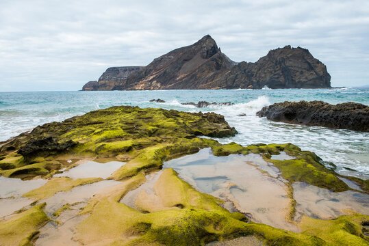 View of cal islet from calheta headland in porto santo island in madeira, portugal